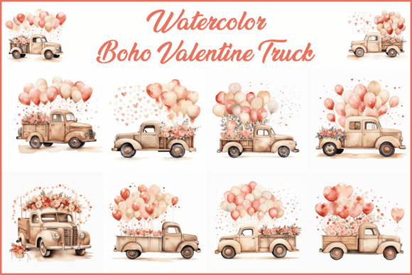 Download 10 Watercolor Boho Valentine Truck JPG - Boho Collection
